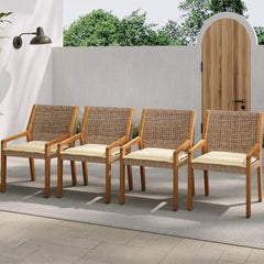 OUTDOOR DINING CHAIR -Acacia Wood & Wicker with Cream Cushion Patio Furniture-Teak finish & wicke Brown -MP2(set of 2)