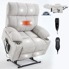 Beige Dual Motor Infinite Position Up to 350 LBS Chenille Power Lift Recliner Chair, Heavy Duty Motion Mechanism with 8-Point Vibration Massage and Lumbar Heating, Dual Cup Holders