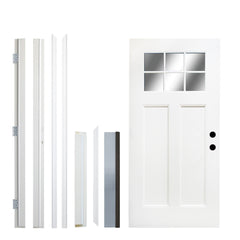 Fiberglass Entry Door, 36'' x 80" Door with Brickmould,4-9/16 Vinyl Frame,White Primed, Left Hand Inswing, Front Entry Knock-Down Door, 2-Panel Craftsman, 6-Lite Low-E Glass