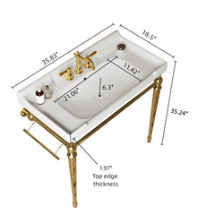 VICI 36" Bathroom Console Sink, Wall-Mounted White Ceramic Vanity Basin with 3 Pre-drilled Faucet Holes, Freestanding Stainless Steel Support Legs with Towel Bar, No Faucet & Sink Cover, Gold Color