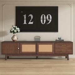 Mid Century Modern TV Stand for 80" TVs, Entertainment Center with Sliding Doors and Drawers, TV Table with Storage for Living Room, Bedroom