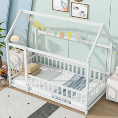 Twin Size House Floor Wooden Bed with Roof Frame,Safety Guardrails,White