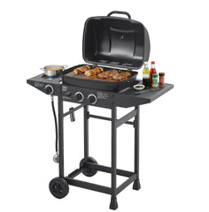 2 Burner BBQ Propane Gas Grill with Side Burner 24000 BTU Output Stainless Steel Barbecue Grill with Enameled Grates and Side Tables for Outdoor Cooking Kitchen and Patio Backyard