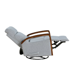 New Luxurious Swivel Glider Reclining Chair Gray Boucle Fabric Upholstery Comfortable Brown Finish Wooden Arms Living Room Furniture 1pc
