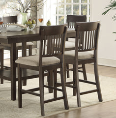 Dark Brown Finish Counter Height Chairs 2pc Set Vertical Slat-Back Design Lenin-like Fabric Padded Seat Dining Furniture