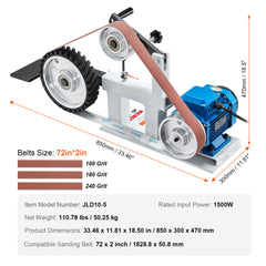 Belt Grinder Sander, 72 x 2-Inch Variable Speed Belt Polisher with VFD, 1500W 2HP Polishing Grinding Machine with 3 Grinding Moulds & 3PCS Sanding Belts for Metalworking, Knife Making