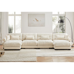 U Shaped Sectional Sofa Cloud Couch with Movable Ottomans,Convertible Deep 4 Seater Modern Velvet Comfy Upholstered Corner Couch with Blostered Armrests, Waist Pillow and Throw Pillows,Cream