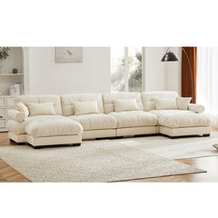 U Shaped Sectional Sofa Cloud Couch with Movable Ottomans,Convertible Deep 4 Seater Modern Velvet Comfy Upholstered Corner Couch with Blostered Armrests, Waist Pillow and Throw Pillows,Cream
