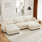 U Shape Modular Sectional Sofa Couch with Two Movable Ottomans, Modern 3 Seat Corner Sofa With Waist Pillows, Throw Pillows and Blostered Armrests, Convertible L Shaped Couch for Living Room,Cream