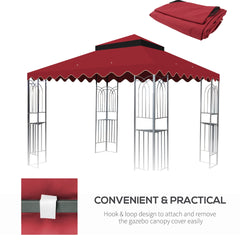 10x10 Ft Outdoor Patio Gazebo Replacement Canopy,Double Tiered Gazebo Tent Roof Top Cover Only wavy border(Frame Not Include)-Red