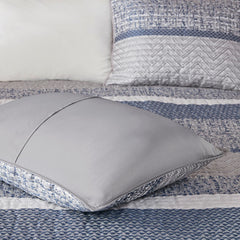 6 Piece Reversible Jacquard Quilt Set with Throw Pillows Navy Full/Queen