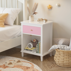 26.77''H Wooden Nightstand with One Drawer One Shelf for Kids, Adults, Pink+Golden handle