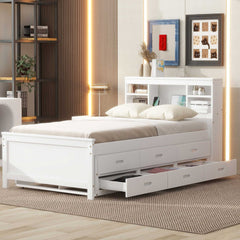 Twin Size Platform Bed with Storage Headboard, USB, Twin Size Trundle and 3 Drawers, White