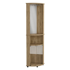 Bar-coffee corner cabinet storage 74" H, with rounded front design, 2 central shelves, 1 glass holder in the upper compartment, 1 storage with double glass door in the lower part, macadamia