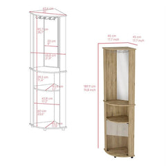 Bar-coffee corner cabinet storage 74" H, with rounded front design, 2 central shelves, 1 glass holder in the upper compartment, 1 storage with double glass door in the lower part, macadamia