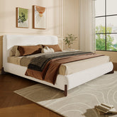 Elegant terry upholstered bed with dark brown solid wood legs, luxurious and comfortable bedroom centerpiece, queen size, white