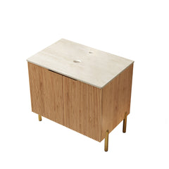 30" TURIO Freestanding Roma Travertine-Pattern Sintered Stone Counter Top and Natural Woodgrain Plywood Cabinet with Two Doors, NO Basin, NO Faucet and Sink Cover