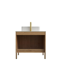 TURIO 30" Bathroom Vanity with Sink, Freestanding Plywood Bathroom Storage Cabinet with 2 Doors, White Rectangular Ceramic Basin and Roma Travertine-Pattern Sintered Stone Counter Top, Woodgrain Color