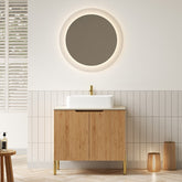 TURIO 30" Bathroom Vanity with Sink, Freestanding Plywood Bathroom Storage Cabinet with 2 Doors, White Rectangular Ceramic Basin and Roma Travertine-Pattern Sintered Stone Counter Top, Woodgrain Color