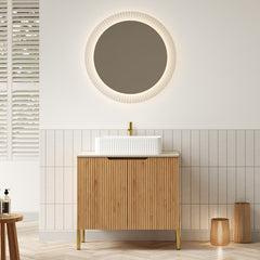 TURIO 30" Bathroom Vanity with Sink, Freestanding Plywood Bathroom Storage Cabinet with 2 Doors, White Rectangular Ceramic Basin and Roma Travertine-Pattern Sintered Stone Counter Top, Woodgrain Color