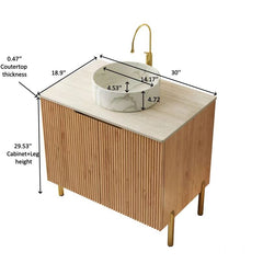 TURIO 30" Bathroom Vanity with Sink, Freestanding Plywood Bathroom Storage Cabinet with 2 Doors, White Round Basin with Stone Pattern and Roma Travertine Sintered Stone Counter Top, Woodgrain Color
