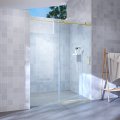 56" - 60" W x 76" H Single Sliding Shower Door, Frameless Bathroom Sliding Door with 1/4" (6mm) Tempered Glass for Walk-in Shower, Brushed Gold GF-25D06-60BGX