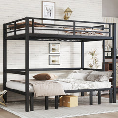 Full over Full size pull-out Metal Bunk Bed, lower bunk can be pulled out in three sections, top bunk equipped with safety rails, black.