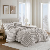 3 Pieces Full/Queen Ultrasoft Faux Fur Ribbed Comforter Set,Light Gray