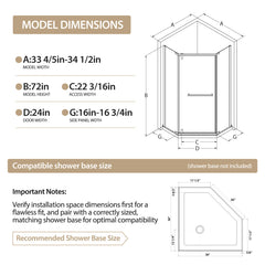 36"D X 36"W X 72"H Neo-Angle Shower Door, 1/4" Tempered Glass With Explosion-Proof Film, Chrome Stainless Steel Frame