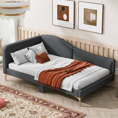 Twin Size Upholstered Daybed with Headboard and Armrest, Support Legs, Grey