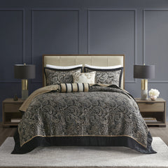 5 Piece Jacquard Bedspread Set with Throw Pillows Black King