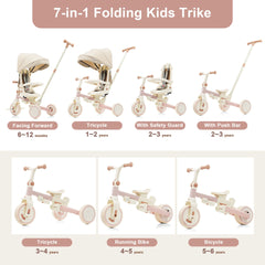 7 in 1 Baby Tricycle, Foldable Toddler Tricycle with Removable and Adjustable Parent Handle, Toddler Push Bike with Removable Pedal, Canopy, and Guardrail, Tricycle for 12-72 Months, pink