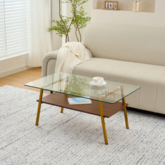 Rectangle Coffee Table, Tempered Glass Tabletop with Gold Metal Legs, Modern Table for Living Room , Transparent Glass