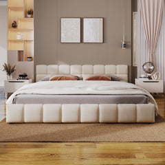 Elegant Beige Chenille Upholstered Bed with Checkerboard Design, King, Beige