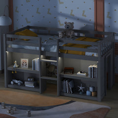 Twin Size Kid Low Loft Bed With Two-Tier Shelves And LED Light For Grey Color