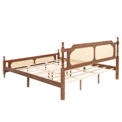 King Pine wooden Bed with Rattan Headboard and Footboard, with Central Enhanced Bed Platform,Walnut