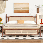 King Pine wooden Bed with Rattan Headboard and Footboard, with Central Enhanced Bed Platform,Walnut