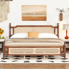 King Pine wooden Bed with Rattan Headboard and Footboard, with Central Enhanced Bed Platform,Walnut