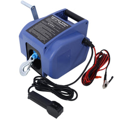 12v 3500lbs Trailer Winch,Reversible Electric Winch, for Boats up to 5000 lbs.,with synthetic rope,with extra pulley hook,power in and power out,with manual function.blue plastic casing