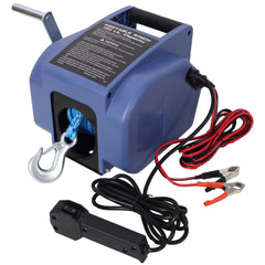 12v 3500lbs Trailer Winch,Reversible Electric Winch, for Boats up to 5000 lbs.,with synthetic rope,with extra pulley hook,power in and power out,with manual function.blue plastic casing