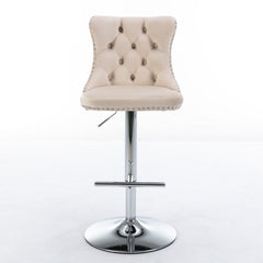 Swivel Velvet Barstools Adjusatble Seat Height from 25-33 Inch, Modern Upholstered Chrome base Bar Stools with Backs Comfortable Tufted for Home Pub and Kitchen Island, Beige,Set of 2