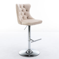 Swivel Velvet Barstools Adjusatble Seat Height from 25-33 Inch, Modern Upholstered Chrome base Bar Stools with Backs Comfortable Tufted for Home Pub and Kitchen Island, Beige,Set of 2