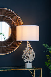 D15x29.3" White and Silver Leaf Table Lamp with Drum Shade and Marble Base (Lamp Shade Assembly Required)