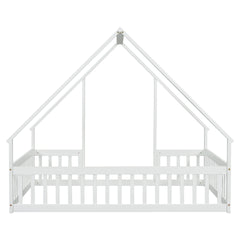 Full Wood House-Shaped Floor Bed with Fence, Guardrails,White