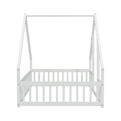 Full Wood House-Shaped Floor Bed with Fence, Guardrails,White