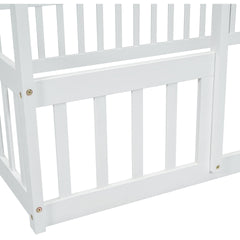 Full Wood House-Shaped Floor Bed with Fence, Guardrails,White
