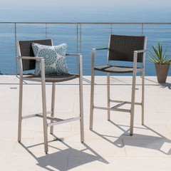 Outdoor 29.50" Rust-Proof Aluminum Barstools with PE Rattan Seat and Backrest, Set of 2, Silver & Grey