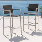 Outdoor 29.50" Rust-Proof Aluminum Barstools with PE Rattan Seat and Backrest, Set of 2, Silver & Grey