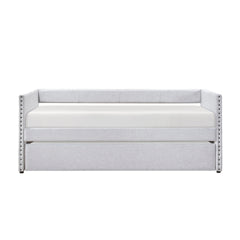 Modern Daybed Pull-out Trundle Side Pockets Light Gray Upholstery Nailhead Trim Bedroom Living Room Furniture 1pc