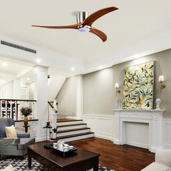 52" Flush Mount Fan Light,3 PCS Solid Wood Blades Ceiling Fan with Lights Remote Control,Quiet DC Motor, 6 Speed ,Reversible Ceiling Fan for Patio Living Room, Bedroom, Office,Indoor.(Stain Nickel )